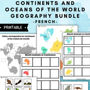 Französische Kontinente und Ozeane der Welt Mini Bundle, Matching-Spiel, Tiere, Kontinente, pädagogische druckbare Aktivität, Homeschool