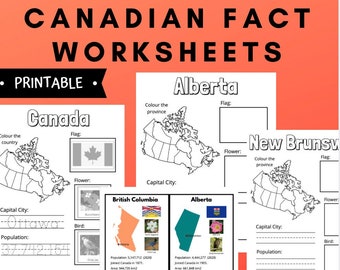 May include: Black and white printable worksheets for learning about Canadian provinces. Each worksheet features a map of a province, its flag, flower, capital city, bird, population, and the year it joined Canada. The worksheets include Alberta, British Columbia, Manitoba, New Brunswick, Nunavut, Saskatchewan, and Canada.