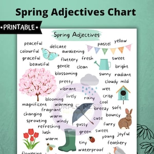 May include: A printable chart with a colorful illustration of spring-themed objects and words. The chart lists adjectives related to spring, such as "peaceful", "delicate", "awakening", "fluttery", "fresh", "gentle", "clean", "blossoming", "pretty", "vibrant", "lively", "rainy", "crisp", "cool", "breezy", "soft", "bouncy", "cute", "furry", "gusty", "green", "sweet", "joyful", "young", "feathery", "tiny", "waterproof", "flowering", "buzzing", "rubber", "happy", "chirpy", "new", "playful", "cheery", "melodious", "exciting", and "newborn".