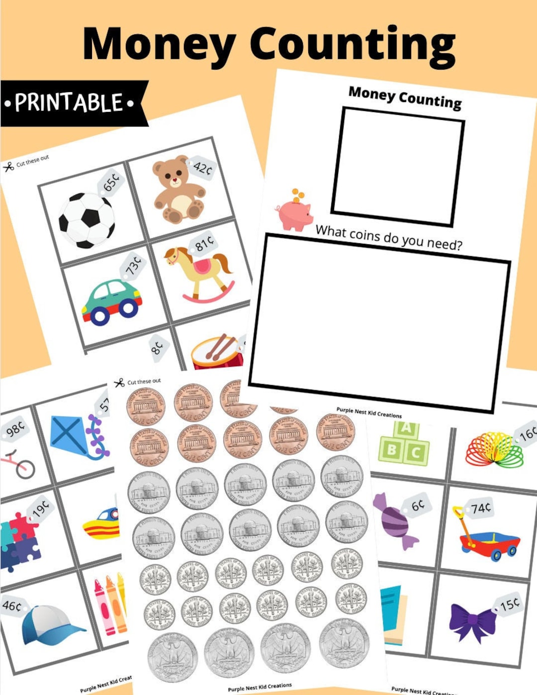 Money Counting Worksheet, American Coins, Counting Game, Educational