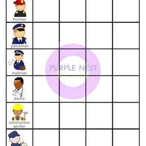 May include: A printable worksheet with a grid and images of community helpers, including a fireman, policeman, mailman, doctor, construction worker, and garbage man. The worksheet is titled "Community Helpers Sort".