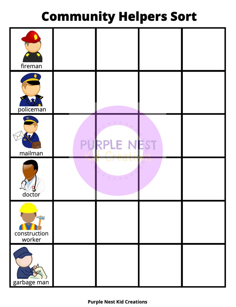 May include: A printable worksheet with a grid and images of community helpers, including a fireman, policeman, mailman, doctor, construction worker, and garbage man. The worksheet is titled "Community Helpers Sort".