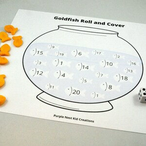 Goldfish Roll and Cover Worksheet, Numbers 1-20, Counting Activity, Math, Dice, Die, Preschool Printable Activity, Homeschool, Kindergarten