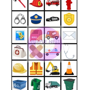 May include: A set of 16 printable images featuring various professions and objects. The images include a firefighter, police officer, mail carrier, construction worker, and more. The images are black and white and are designed to be cut out and used for educational purposes.