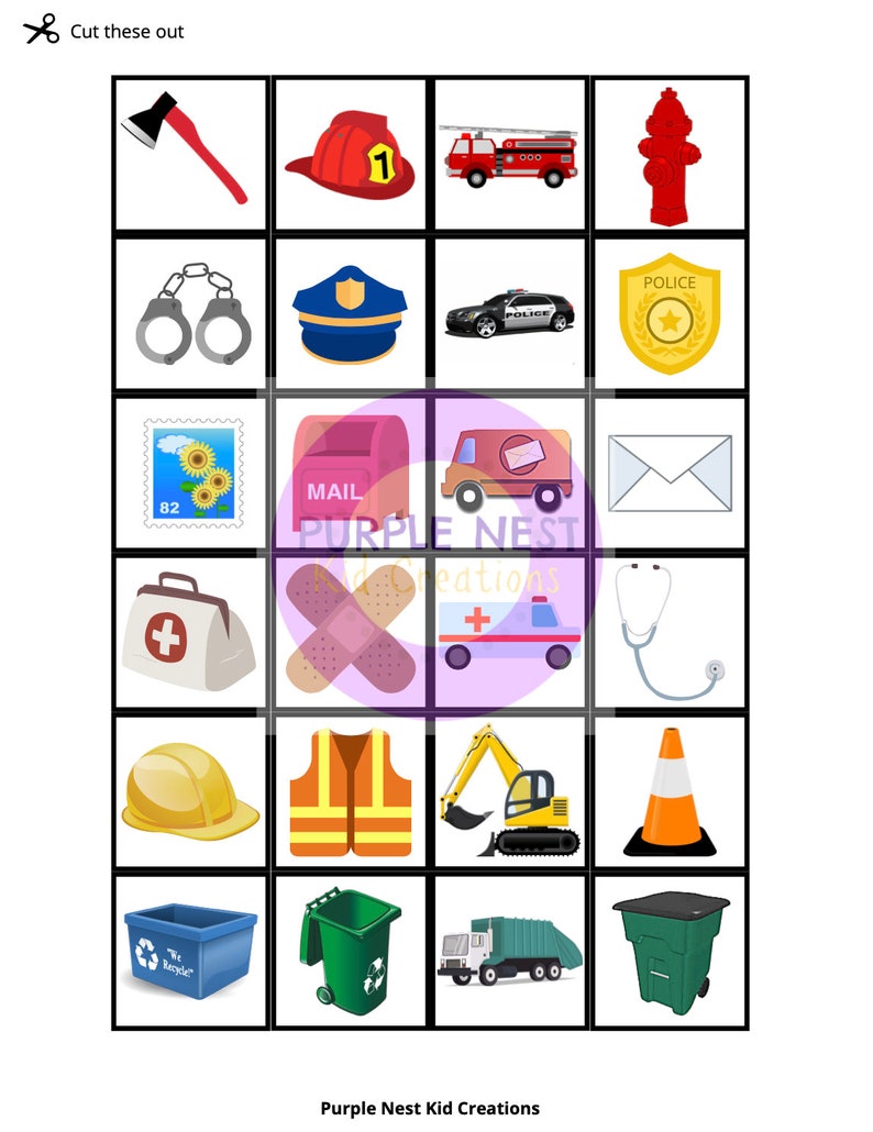 May include: A set of 16 printable images featuring various professions and objects. The images include a firefighter, police officer, mail carrier, construction worker, and more. The images are black and white and are designed to be cut out and used for educational purposes.