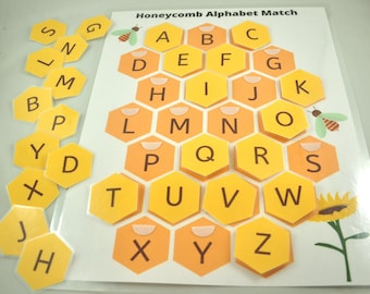 Honeycomb Alphabet Match Worksheet, Alphabet Matching Game, Educational Preschool Printable Activity, Homeschool Game, Tot School