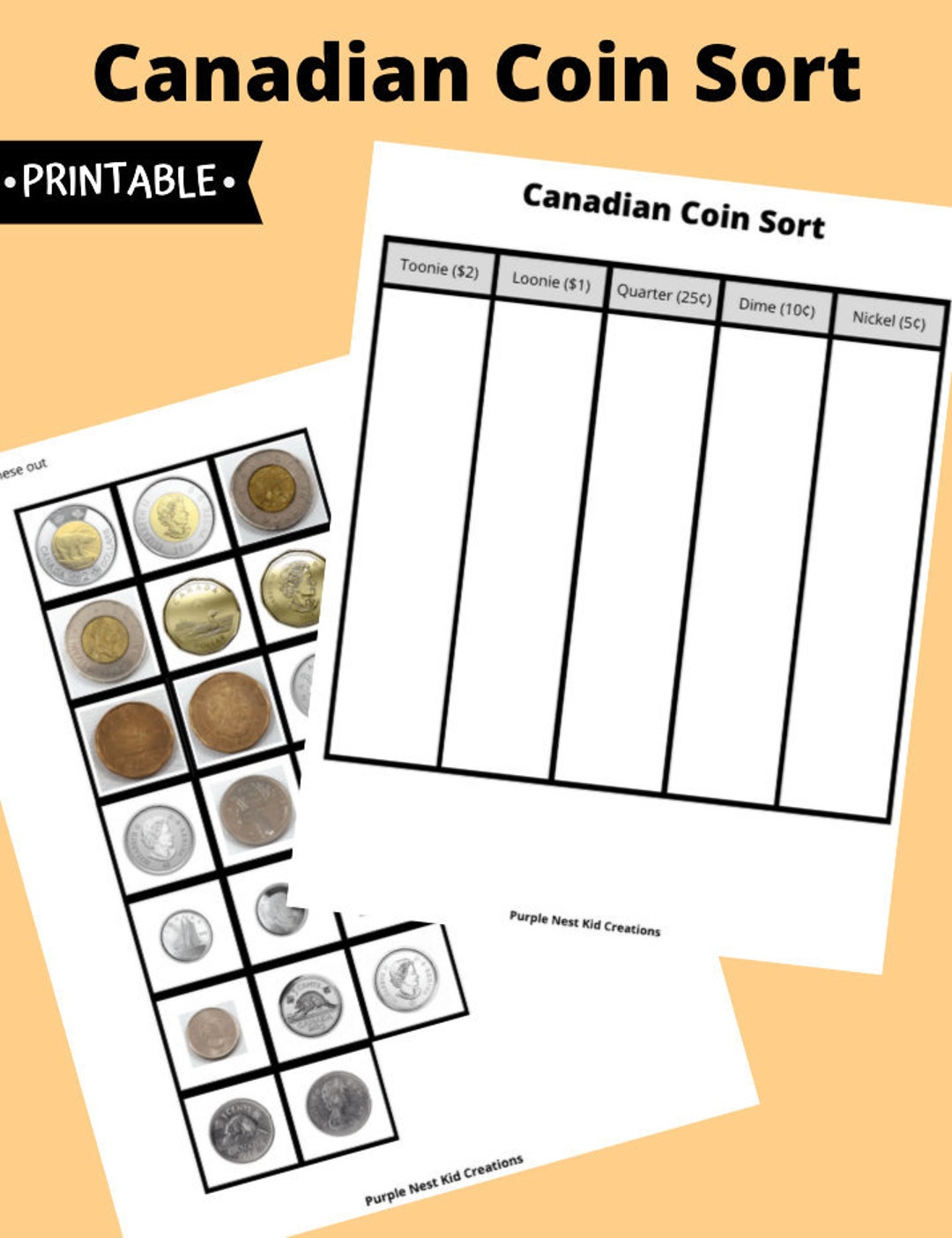 Coin Sort Worksheet Canadian Coins Sorting Game Educational Etsy