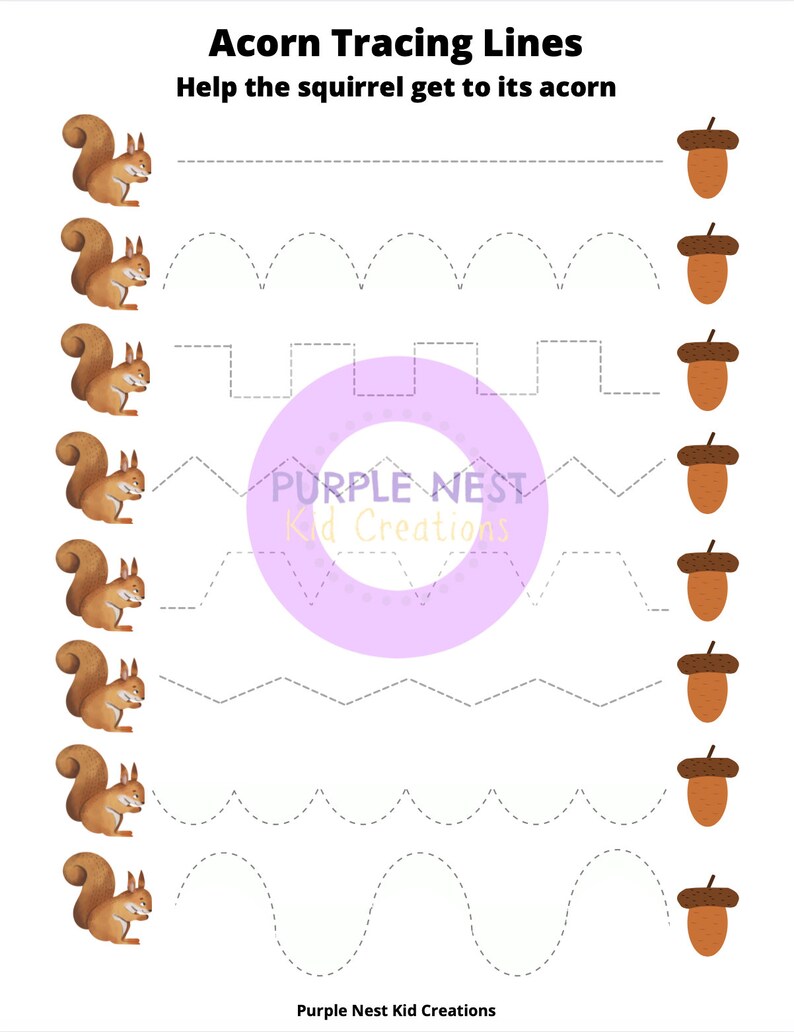 May include: A printable worksheet with a squirrel and acorns. The worksheet has a series of lines for children to trace with a pencil or crayon. The lines are different shapes, including straight lines, curved lines, and zig-zag lines. The worksheet is designed to help children develop their fine motor skills and hand-eye coordination.