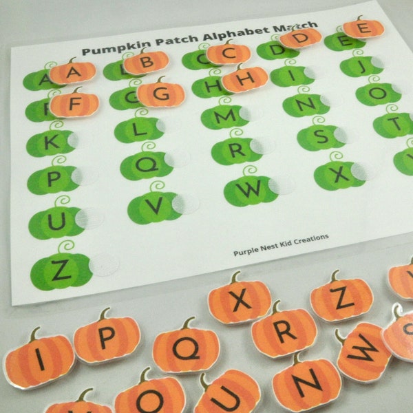 Pumpkin Patch Alphabet Match Worksheet, Fall Alphabet Matching Game, Autumn, Letters, Educational Preschool Printable Activity, Busy Book