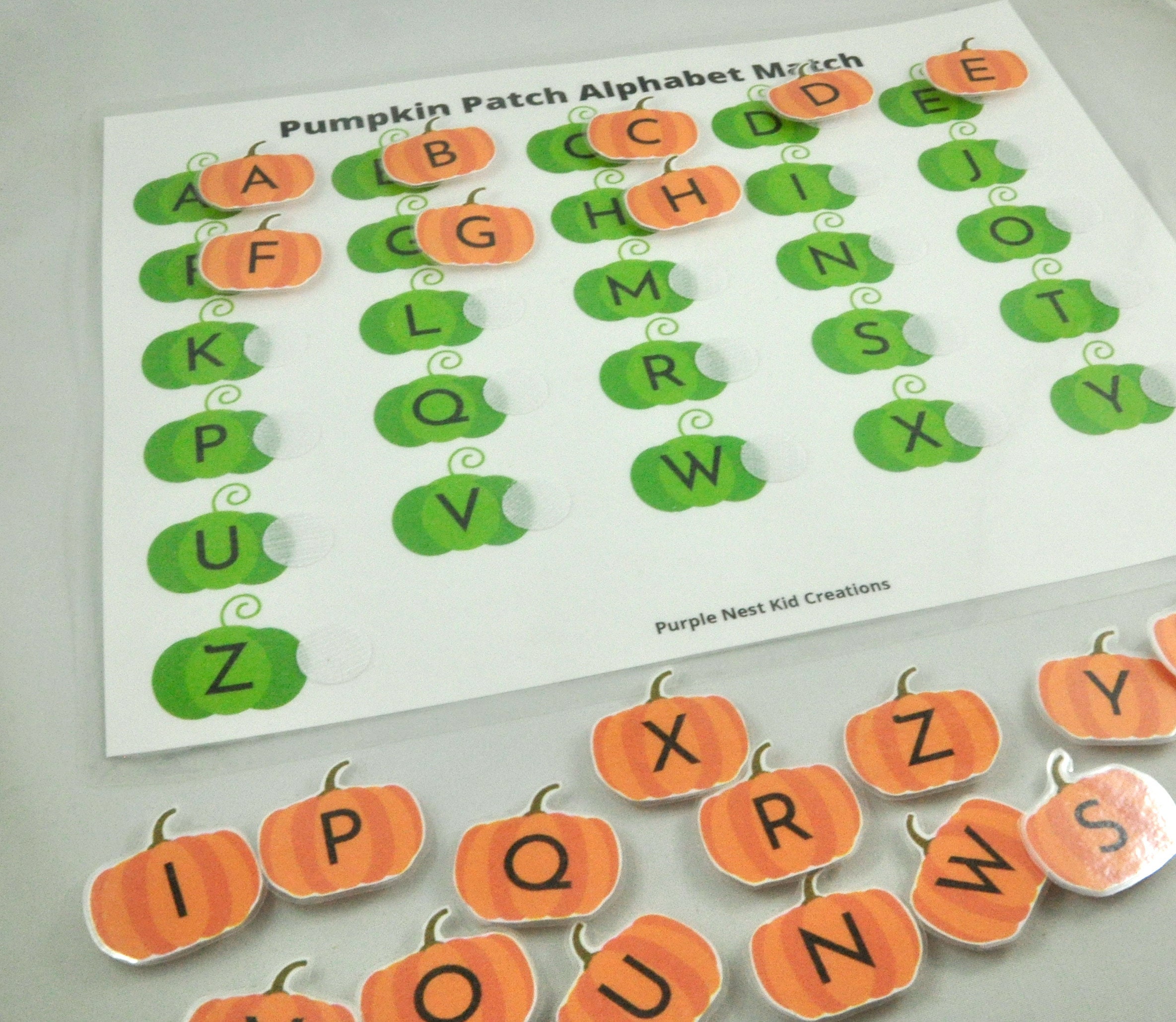 Pumpkin Patch Alphabet Match Worksheet, Fall Alphabet Matching Game, Autumn, Letters, Educational Preschool Printable Activity, Busy Book