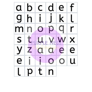 May include: A black and white alphabet chart with letters in individual squares. The letters are arranged in alphabetical order. The chart is printed on white paper.