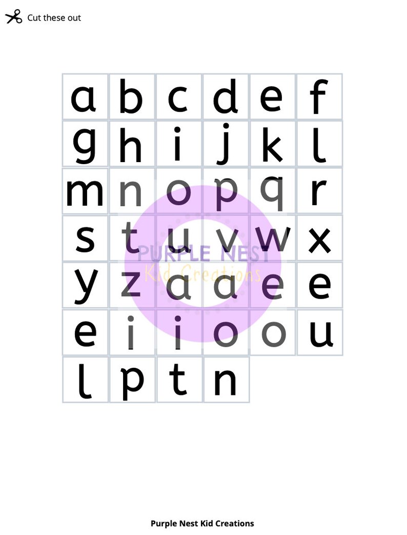 May include: A black and white alphabet chart with letters in individual squares. The letters are arranged in alphabetical order. The chart is printed on white paper.