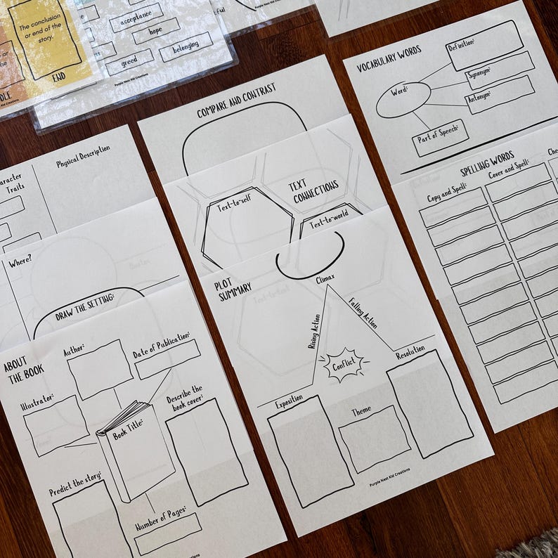 May include: A set of printable worksheets for students to use when reading a book. The worksheets include sections for plot summary, character traits, setting, vocabulary words, and spelling words.