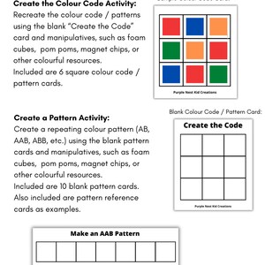 Op de afbeelding: Een printbare set kleurcode- en patroonactiviteitskaarten voor kinderen. De kaarten bevatten lege roosters voor het maken van kleurpatronen en een voorbeeldkleurcodekaart met rode, blauwe, groene en oranje vierkanten.