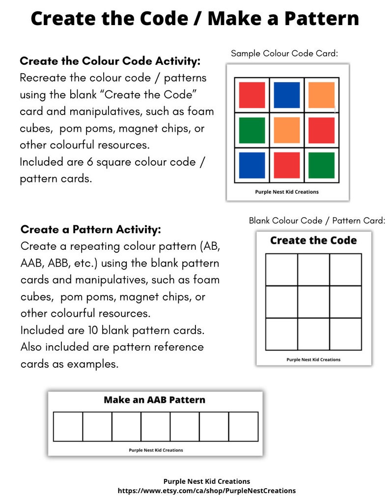 Op de afbeelding: Een printbare set kleurcode- en patroonactiviteitskaarten voor kinderen. De kaarten bevatten lege roosters voor het maken van kleurpatronen en een voorbeeldkleurcodekaart met rode, blauwe, groene en oranje vierkanten.