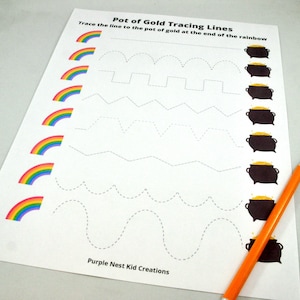 Pot of Gold Tracing Lines Worksheet, St. Patrick, Rainbows, Prewriting Practice, Learn to Write, Educational Printable Activity, Preschool