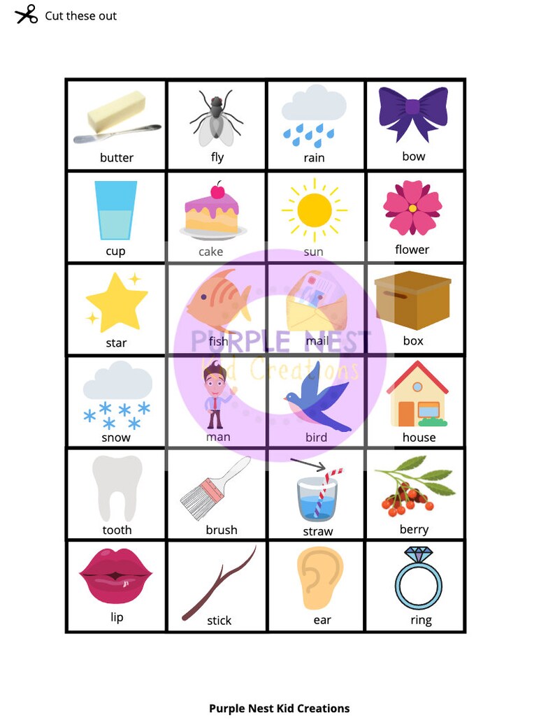 K&ouml;nnte beinhalten: Ein druckbares Arbeitsblatt mit 16 bunten Bildern und ihren entsprechenden W&ouml;rtern. Die Bilder beinhalten eine Stange Butter, eine Fliege, Regen, eine Schleife, eine Tasse, einen Kuchen, die Sonne, eine Blume, einen Stern, Schnee, einen Fisch, Post, eine Schachtel, einen Mann, einen Vogel, ein Haus, einen Zahn, eine B&uuml;rste, einen Strohhalm, eine Beere, eine Lippe, einen Stock, ein Ohr und einen Ring.