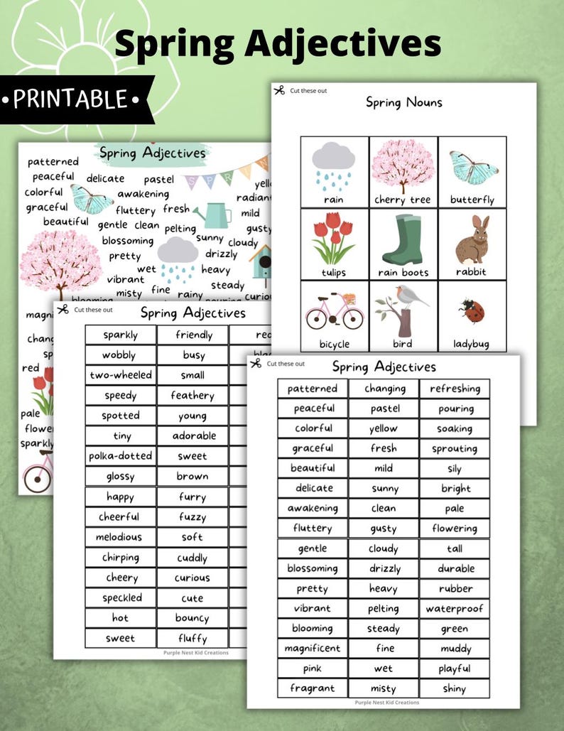 Spring Adjectives Spring Adjectives Chart and Matching Activity: Literacy Writing ...