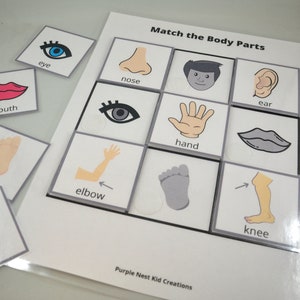 Match the Body Parts Worksheet, Matching Game, Educational Preschool Printable Activity, Homeschool Game, Toddler, Preschool, Busy Binder