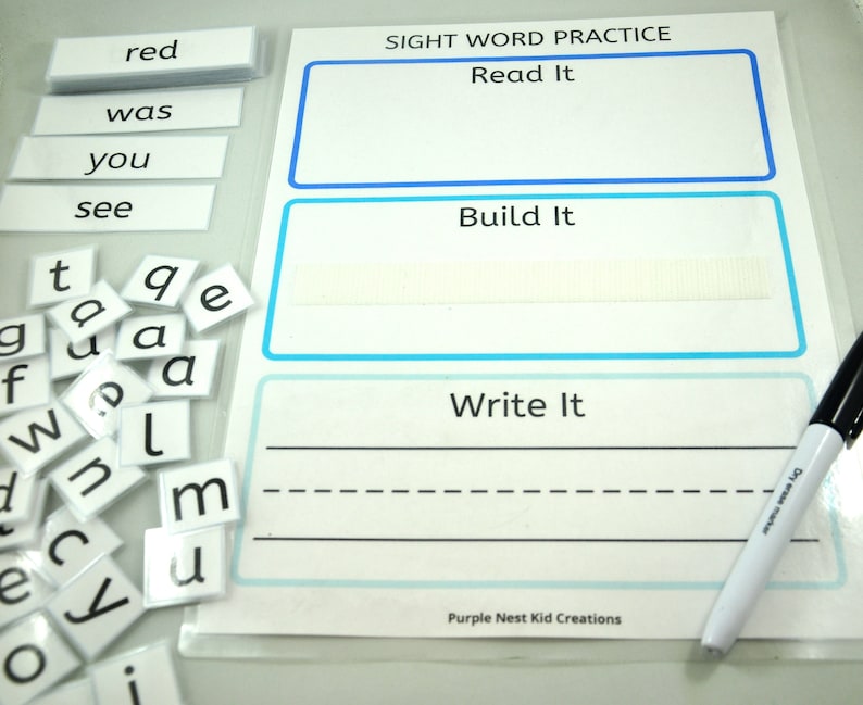 May include: A white worksheet with blue and turquoise borders. The worksheet is titled "Sight Word Practice" and has three sections: "Read It", "Build It", and "Write It". The "Build It" section has a white space for building words with magnetic letters. The "Write It" section has a lined space for writing the word. A black marker is lying on the worksheet.