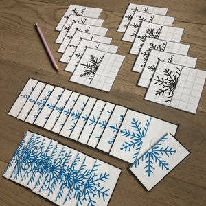 May include: A set of black and white snowflake cards with a grid pattern and a set of blue snowflake cards with a white background. The cards are designed for a matching game.