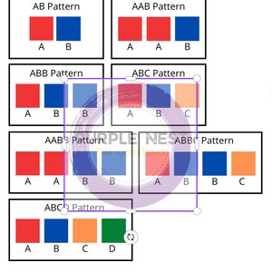Op de afbeelding: Een set referentiekarten die verschillende kleurpatronen laten zien. De kaarten zijn gelabeld met de patroonnamen: AB, AAB, ABB, ABC, AABB, ABBC. Elke kaart toont een rij gekleurde vierkanten die het patroon voorstellen.