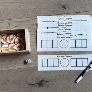 転がして比較するアクティビティ、数学アクティビティ、大きいか小さいか、数字、数学ゲーム、教育用印刷物、ホームスクール、早期数学スキル