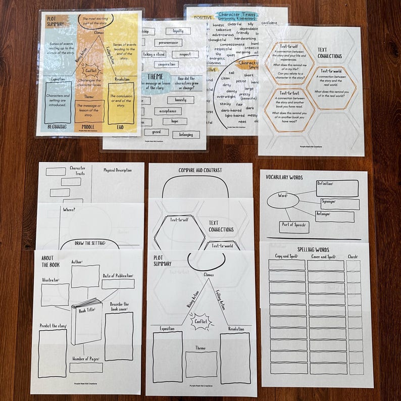 May include: A set of printable worksheets for students to use when reading a book. The worksheets include sections for plot summary, character traits, vocabulary words, and more.