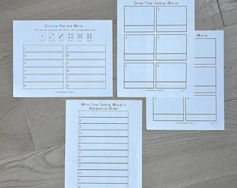 May include: A printable worksheet set for kids to practice spelling words. The set includes three pages: Rainbow Roll and Write, Write Your Spelling Words in Alphabetical Order, and Draw Your Spelling Words. The first page has a colorful dice with the colors red, orange, yellow, green, blue, and purple. The second page has a list of 12 lines for writing words. The third page has six boxes for drawing pictures.