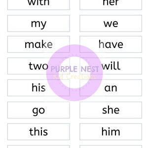 May include: A set of 12 white flash cards with black text. The words on the cards are: with, her, my, we, make, have, two, will, his, an, go, she, this, him, am, at.