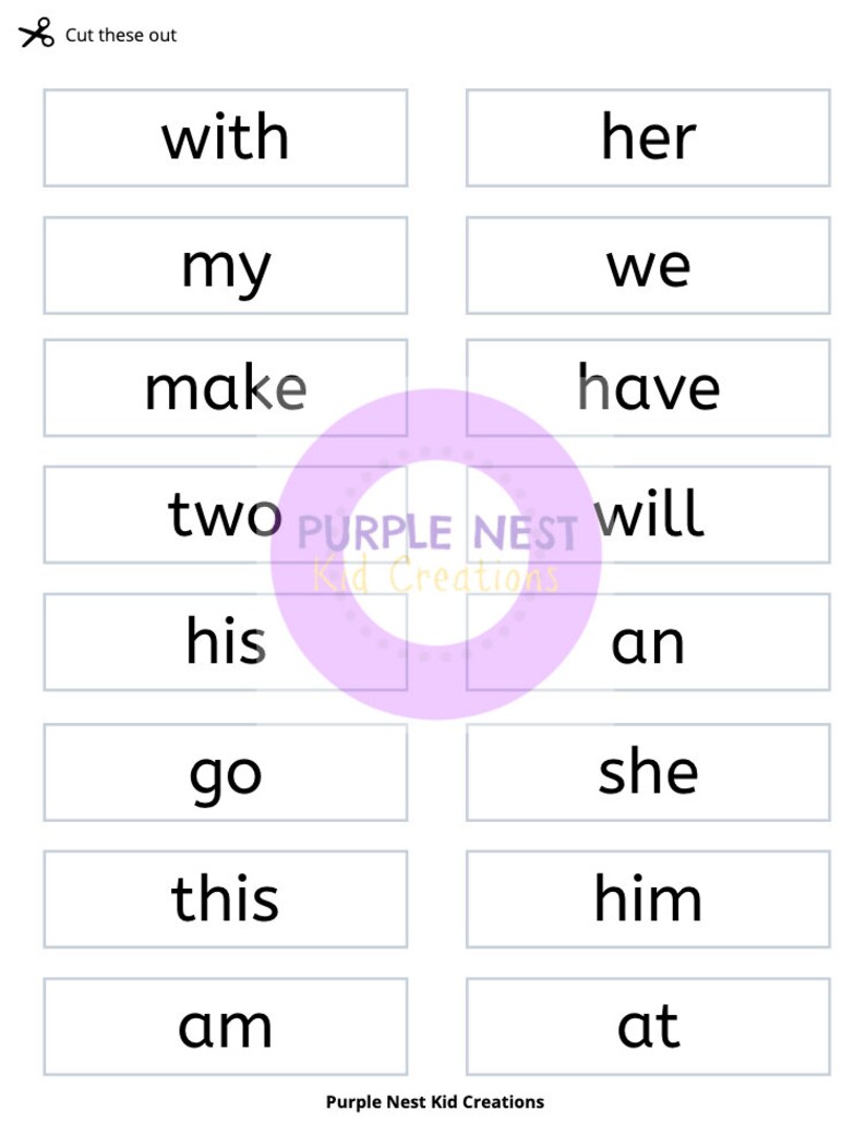 May include: A set of 12 white flash cards with black text. The words on the cards are: with, her, my, we, make, have, two, will, his, an, go, she, this, him, am, at.