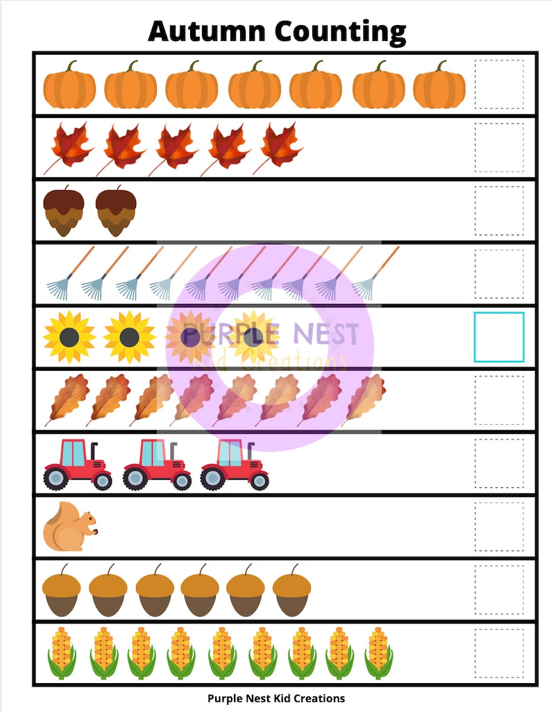 Autumn Counting Worksheet Fall Counting Game Numbers | Etsy