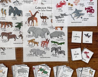 Pósters de sustantivos colectivos de animales y juego de asociación (Descargar PDF)