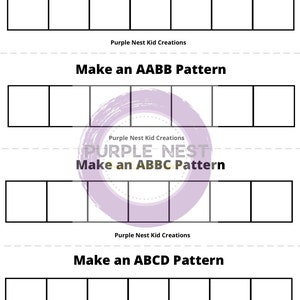 Op de afbeelding: Een printbaar werkblad met vier rijen lege vierkanten. Elke rij heeft de instructies "Make an ABB Pattern", "Make an AABB Pattern", "Make an ABBC Pattern" en "Make an ABCD Pattern".