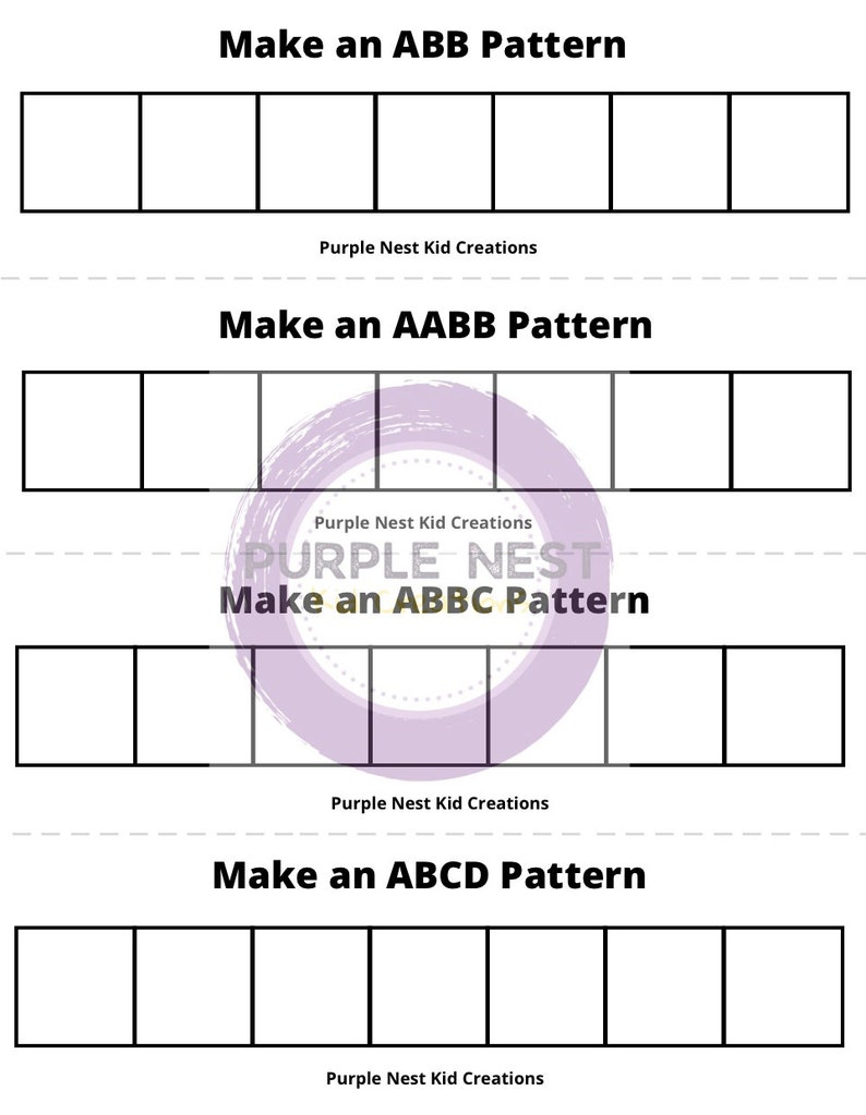 Op de afbeelding: Een printbaar werkblad met vier rijen lege vierkanten. Elke rij heeft de instructies "Make an ABB Pattern", "Make an AABB Pattern", "Make an ABBC Pattern" en "Make an ABCD Pattern".
