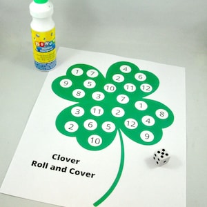 Clover Roll and Cover Worksheet, St. Patrick, Counting Activity, Addition Math, Dice, Preschool Printable Activity, Homeschool, Kindergarten