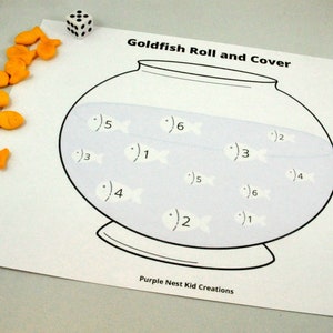 Goldfish Roll and Cover Worksheet, Numbers 1-6, Counting Activity, Math, Dice, Die, Preschool Printable Activity, Homeschool, Kindergarten