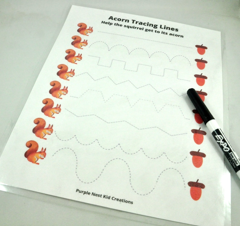 May include: A printable worksheet with a squirrel and acorn tracing lines. The worksheet has the text "Acorn Tracing Lines" and "Help the squirrel get to its acorn".