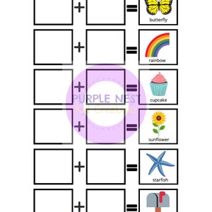 K&ouml;nnte beinhalten: Ein druckbares Arbeitsblatt mit sechs zusammengesetzten Wortpuzzles. Jedes Puzzle hat zwei leere K&auml;stchen mit einem Pluszeichen dazwischen und einem Gleichheitszeichen, gefolgt von einem Bild eines Objekts. Die Objekte sind ein Schmetterling, ein Regenbogen, ein Cupcake, eine Sonnenblume, ein Seestern und ein Briefkasten.