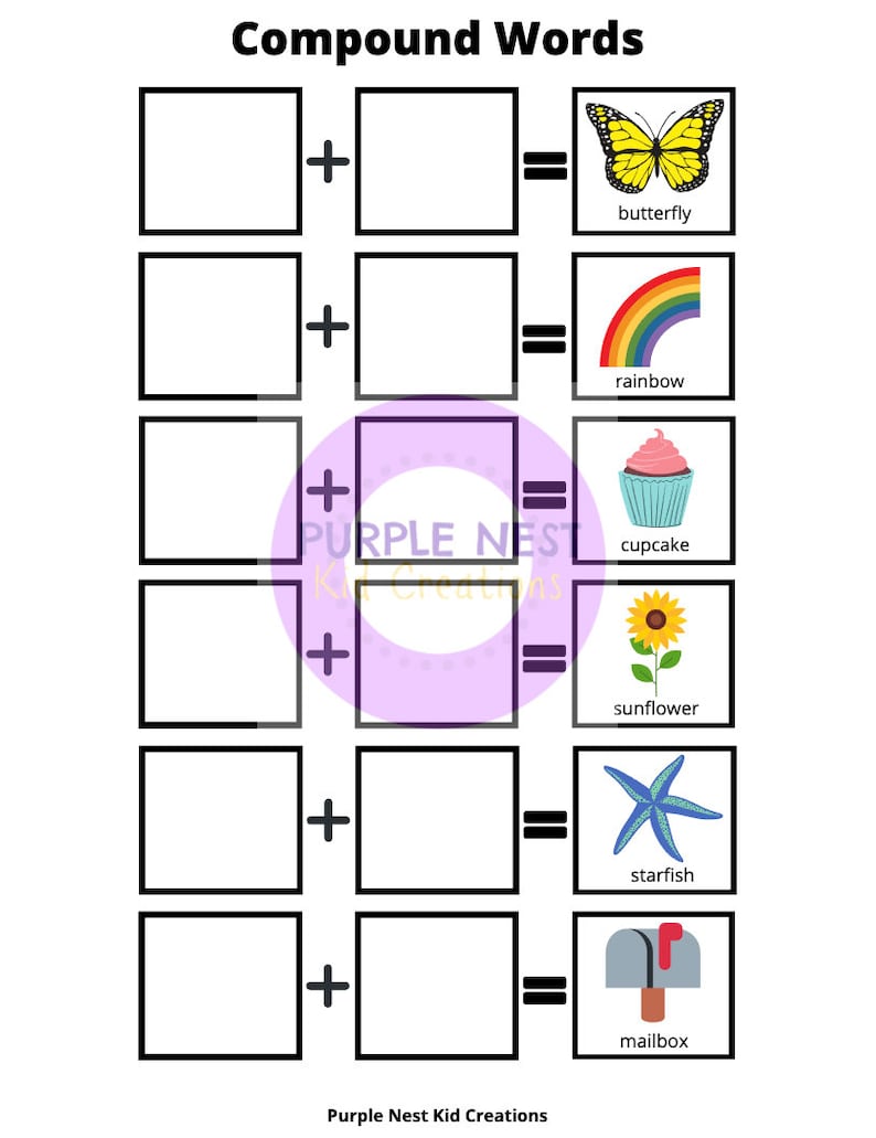 K&ouml;nnte beinhalten: Ein druckbares Arbeitsblatt mit sechs zusammengesetzten Wortpuzzles. Jedes Puzzle hat zwei leere K&auml;stchen mit einem Pluszeichen dazwischen und einem Gleichheitszeichen, gefolgt von einem Bild eines Objekts. Die Objekte sind ein Schmetterling, ein Regenbogen, ein Cupcake, eine Sonnenblume, ein Seestern und ein Briefkasten.