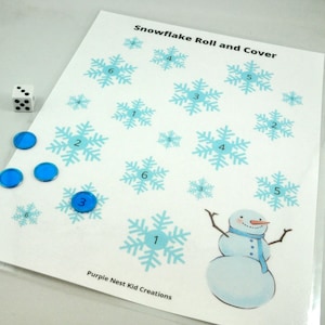 Snowflake Roll and Cover Worksheet, Numbers 1-6, Counting Activity, Math, Dice, Die, Preschool Printable Activity, Homeschool, Kindergarten