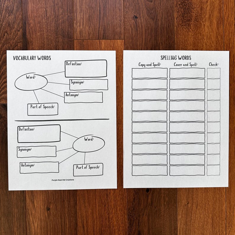 May include: Two printable worksheets for vocabulary and spelling practice. The vocabulary worksheet has two sections with a word, definition, synonym, antonym, and part of speech. The spelling worksheet has three columns for copying, covering, and checking spelling words.