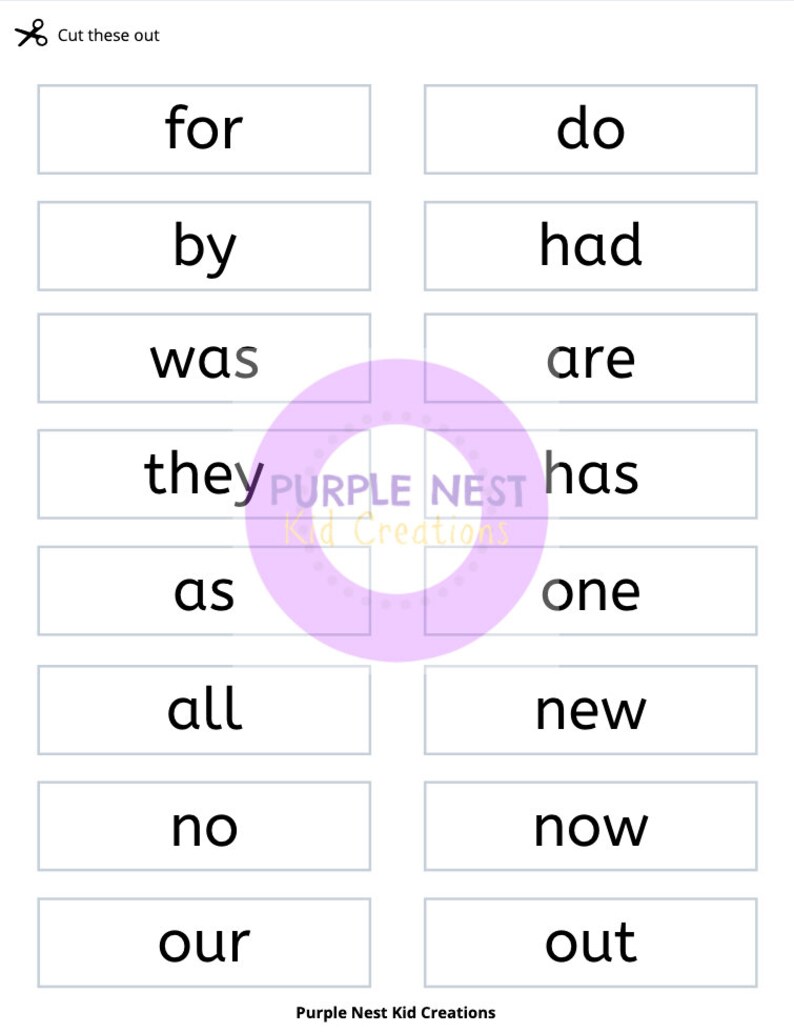 May include: A printable worksheet with 12 sight words for kids to cut out. The words are: for, do, by, had, was, are, they, has, as, one, all, new, no, now, our, out.