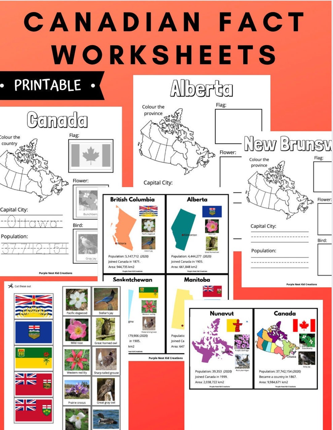 Canadian Fact Worksheets, Flash Cards, Provinces, Territories, Matching