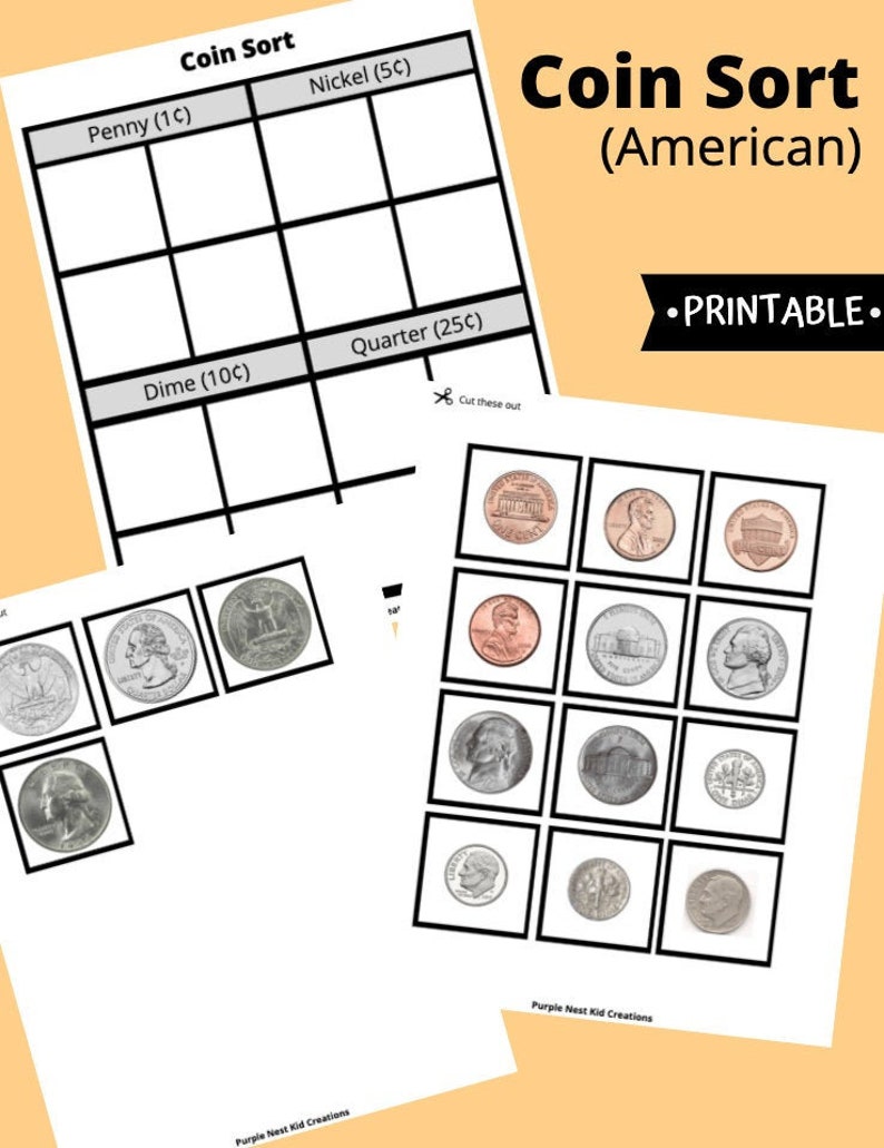 Coin Sort Worksheet American Coins Sorting Game Educational | Etsy
