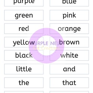 May include: A printable worksheet with 12 words printed on white rectangles. The words are: purple, blue, green, pink, red, orange, yellow, brown, black, white, little, and, the, that, a, from.