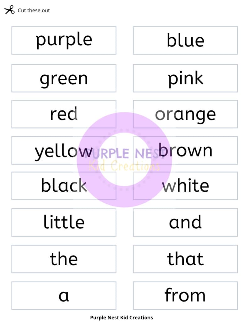 May include: A printable worksheet with 12 words printed on white rectangles. The words are: purple, blue, green, pink, red, orange, yellow, brown, black, white, little, and, the, that, a, from.