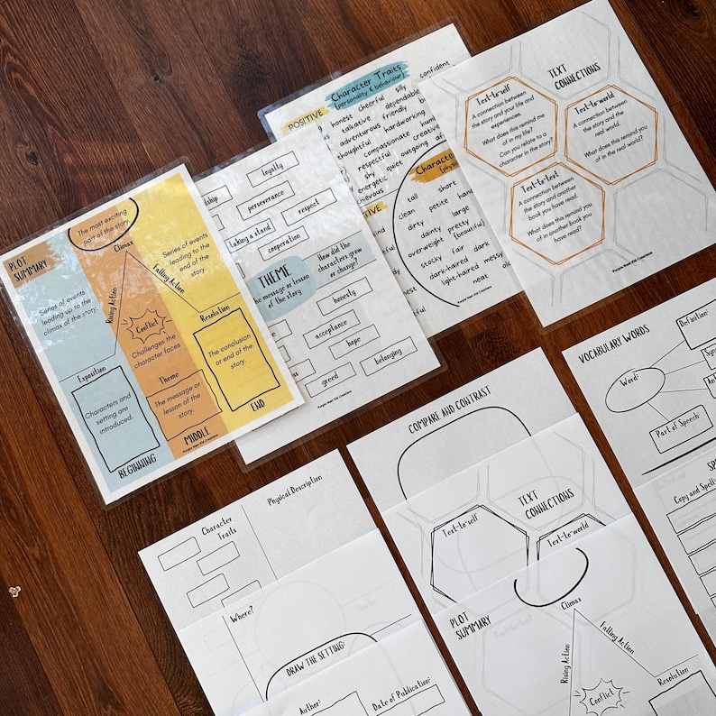 May include: A set of printable worksheets for story writing and analysis. The worksheets include sections for plot summary, character traits, compare and contrast, text connections, vocabulary words, and drawing the setting. The worksheets are printed on white paper with black and yellow text.