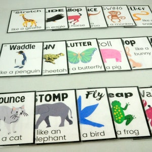 Cartes représentant les déplacements des animaux, Activité de mouvement, Cartes d'action, Temps en cercle, Activité éducative préscolaire à imprimer, Tout-petit, Préscolaire, École à la maison