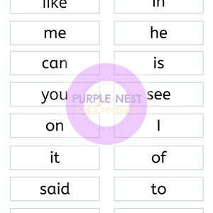 May include: A printable set of 12 sight words for kids. The words are: like, in, me, he, can, is, you, see, on, it, of, said, to, play, down.